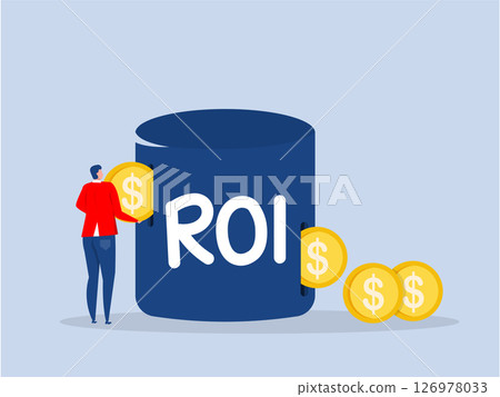 ROI, Save Investment, return on investment performance measure from cost invested and profit efficiency Strategy and return on investment,businessman invest money coin in ROI box to get return profit 126978033