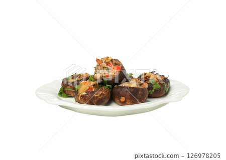 PNG stuffed mushrooms in a plate isolated on a white background. 126978205