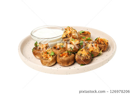 PNG stuffed mushrooms in a plate with sauce, isolated on a white background. 126978206