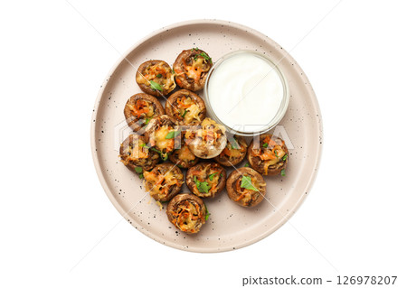 PNG stuffed mushrooms in a plate with sauce, isolated on a white background. PNG stuffed mushrooms in a plate with sauce, isolated on a white background. 126978207
