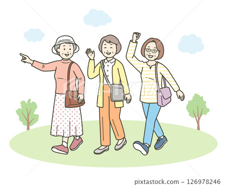 一群友善的老年婦女在旅遊目的地玩得開心的全身插圖 126978246
