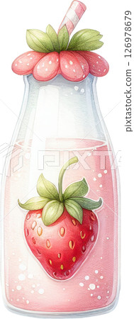 Refreshing strawberry drink in a glass bottle 126978679