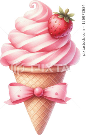 Strawberry ice cream swirl in a waffle cone 126978684