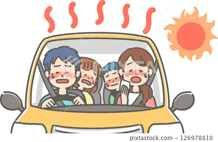 一家人在酷暑中開車/一家人的向量插圖 126978810