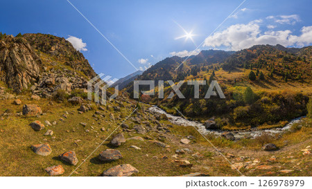 Mountain Gorge River with Autumn Foliage and Rocky Cliffs Mountain Gorge River with Autumn Foliage and Rocky Cliffs 126978979