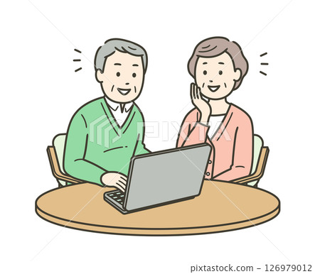 Illustration of an elderly man smiling and operating a laptop computer and an elderly woman watching over him 126979012