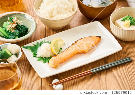 Grilled salmon Japanese set meal 126979013