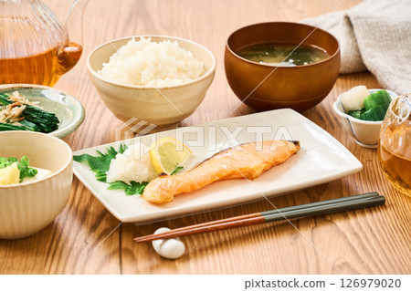 Grilled salmon Japanese set meal 126979020