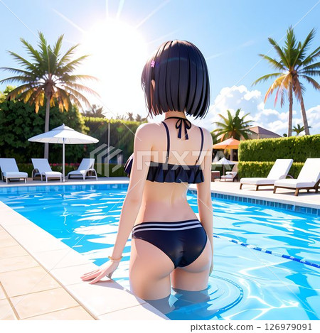 Back view of a woman in a black swimsuit by the pool 126979091