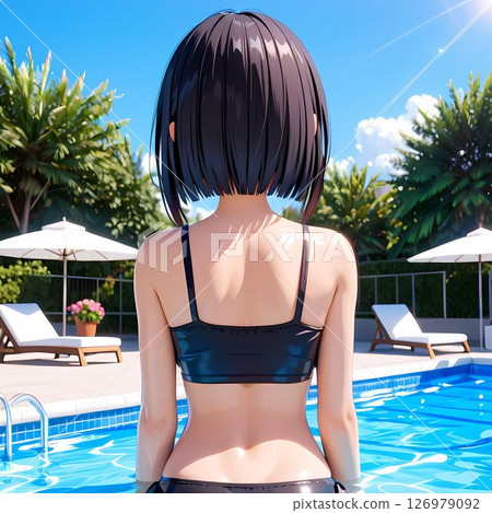 泳池邊身穿黑色泳衣的女子背影 126979092