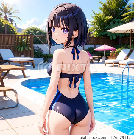A woman in a swimsuit looking back at the poolside 126979112