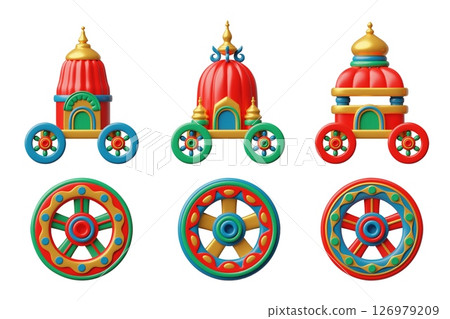 Ratha Yatra festival 3D vector set, cartoon festive colorful chariot and wheels, temple carts, celebration attributes Ratha Yatra festival 3D vector set, cartoon festive colorful chariot and wheels, temple carts, celebration attributes 126979209