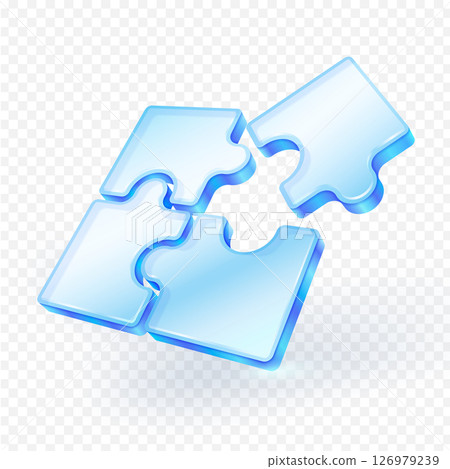 Modern 3D vector illustration of four blue glass glossy jigsaw puzzle pieces forming a square, isolated on a transparent background. Perfect for business teamwork, solution and strategy concepts. Modern 3D vector illustration of four blue glass glossy jigsaw puzzle pieces forming a square, isolated on a transparent background. Perfect for business teamwork, solution and strategy concepts. 126979239