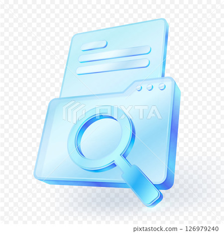 3D glass file and folder icon with document and magnifying glass, representing data search, file management, or information analysis on a transparent background. 3D glass file and folder icon with document and magnifying glass, representing data search, file management, or information analysis on a transparent background. 126979240
