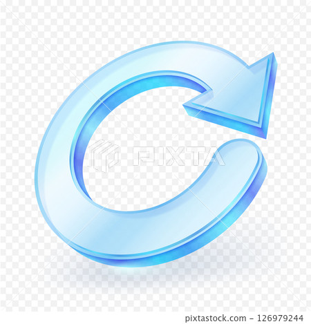3D blue circular arrow with a sleek, glass material, symbolizing refresh, rotation, or reload action in modern digital design, isolated on transparent background. Vector illustration. 126979244