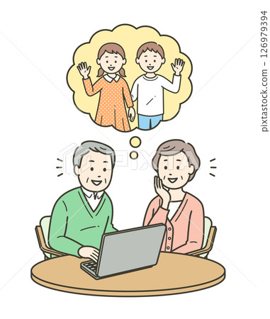 一位老年婦女和一位老年男子使用筆記型電腦與孫子進行遠端通話的上半身插圖 一位老年婦女和一位老年男子使用筆記型電腦與孫子進行遠端通話的上半身插圖 126979394