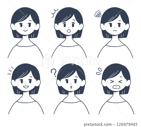 Young woman facial expression set, front upper body, monochrome illustration Young woman facial expression set, front upper body, monochrome illustration 126979485