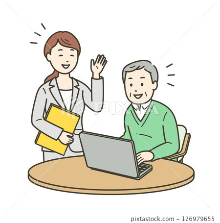 Illustration of an elderly man being taught by an instructor in a computer class 126979655