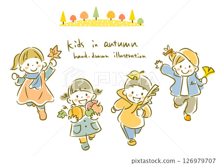 Children enjoying autumn Simple and cute watercolor hand-drawn illustration 126979707