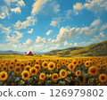 A landscape of blue sky and sunflower fields - oil painting style landscape illustration 126979802