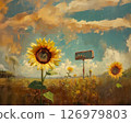 A landscape of blue sky and sunflower fields - oil painting style landscape illustration 126979803