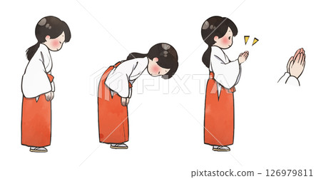 插畫素材：手繪風格參拜禮儀2（巫女）（兩次鞠躬，兩次拍手，一次鞠躬） 126979811