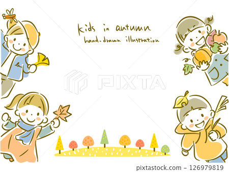 孩子們享受秋天的框架簡單可愛的水彩風格手繪插圖 孩子們享受秋天的框架簡單可愛的水彩風格手繪插圖 126979819