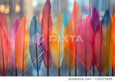 Colorful feathers arranged in a vibrant display at a craft market 126979889
