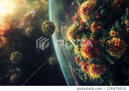 Blooming planet full of vibrant flowers set against a cosmic backdrop 126979918