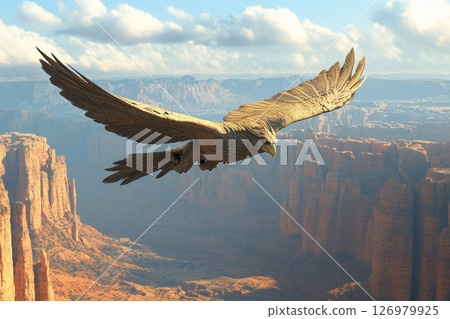 Majestic eagle soaring over a dramatic landscape with mountains and clouds 126979925