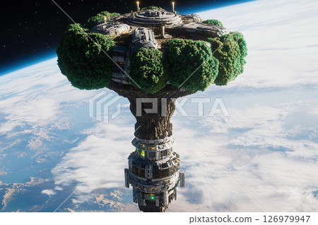 Floating tree city in space showcases futuristic architecture amid the cosmos Floating tree city in space showcases futuristic architecture amid the cosmos 126979947