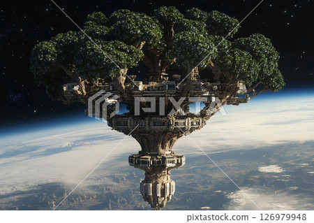Floating tree city in space showcases futuristic architecture amid the cosmos Floating tree city in space showcases futuristic architecture amid the cosmos 126979948