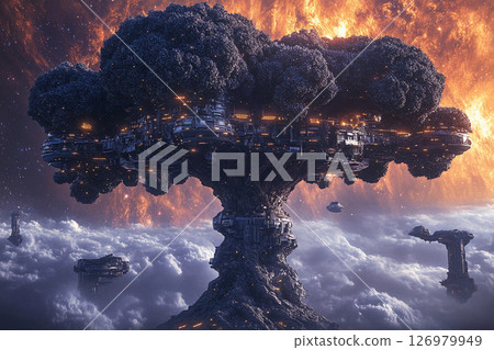 Floating tree city in space showcases futuristic architecture amid the cosmos Floating tree city in space showcases futuristic architecture amid the cosmos 126979949