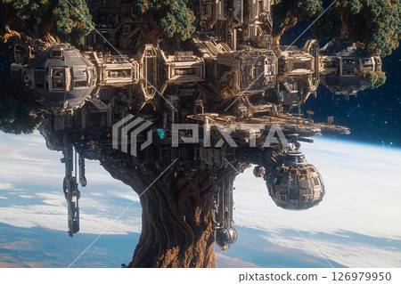 Floating tree city in space showcases futuristic architecture amid the cosmos Floating tree city in space showcases futuristic architecture amid the cosmos 126979950