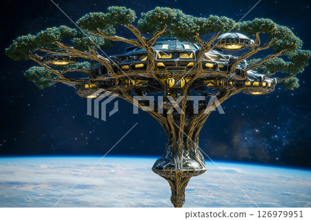 Floating tree city in space showcases futuristic architecture amid the cosmos Floating tree city in space showcases futuristic architecture amid the cosmos 126979951
