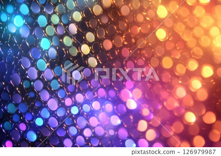 Colorful reflections on a metallic surface create an ethereal atmosphere in a dimly lit space 126979987