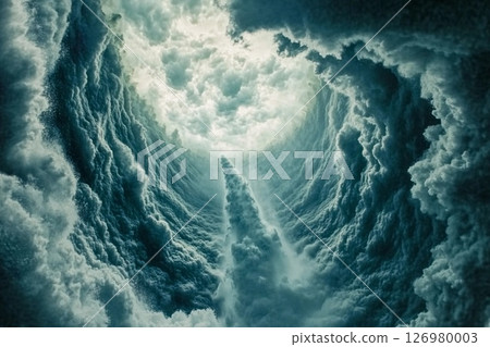 Powerful waterfall cascading from rocky cliffs under a bright blue sky 126980003