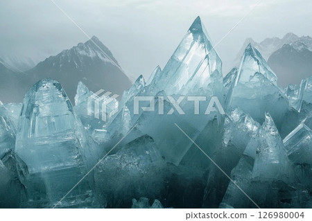 Stunning ice mountains reflecting sunlight in a remote frozen landscape during the winter season Stunning ice mountains reflecting sunlight in a remote frozen landscape during the winter season 126980004
