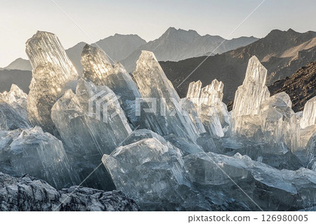 Stunning ice mountains reflecting sunlight in a remote frozen landscape during the winter season Stunning ice mountains reflecting sunlight in a remote frozen landscape during the winter season 126980005