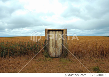 Mysterious door stands alone in a golden field under a dramatic sky 126980015