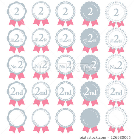 Ranking No. 2 Medal and ribbon rank icon set No.2 Pink Peach color Ranking No. 2 Medal and ribbon rank icon set No.2 Pink Peach color 126980065