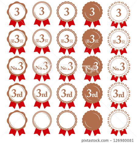 Ranking 3rd place Medal and ribbon rank icon set No.3 Red 126980081