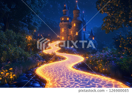 Majestic castle illuminated by glowing pathway at night under a starry sky 126980085