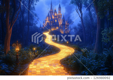 Majestic castle illuminated by glowing pathway at night under a starry sky 126980092