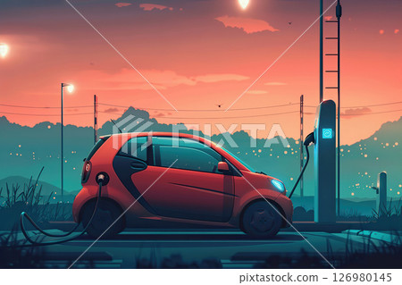 Power source for charging battery of beautiful hybrid electric car on road, abstract vivid composition consists of fictional unreal fantastic vision on background Power source for charging battery of beautiful hybrid electric car on road, abstract vivid composition consists of fictional unreal fantastic vision on background 126980145
