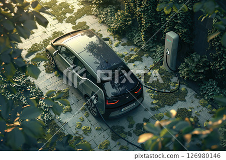 Power source for charging battery of beautiful hybrid electric car on road, abstract vivid composition consists of fictional unreal fantastic vision on background Power source for charging battery of beautiful hybrid electric car on road, abstract vivid composition consists of fictional unreal fantastic vision on background 126980146