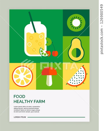 Healthy farm food poster. Detox cocktail, avocado, kiwi and tropical dragon fruit and vegetables. Geometric tiles, minimalist simple abstract background vector cartoon flat style isolated illustration 126980549