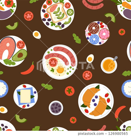 Food seamless pattern. Different breakfast and dinner on plates. Kitchen product. Decor textile, wrapping paper, wallpaper. Culinary print for fabric. Vector cartoon flat style isolated illustration 126980565
