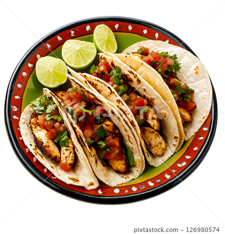 Delicious Chicken Tacos with Fresh Ingredients and Lime Slices on a Colorful Plate 126980574