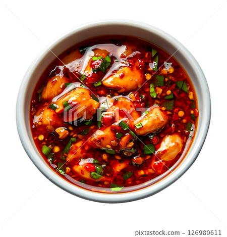 Spicy Chicken in Chili Sauce with Fresh Vegetables and Herbs in Bowl 126980611
